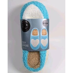 Wayland Square Heart Teddy Slippers Women's Size XS X-Small (3-4) Blue & White